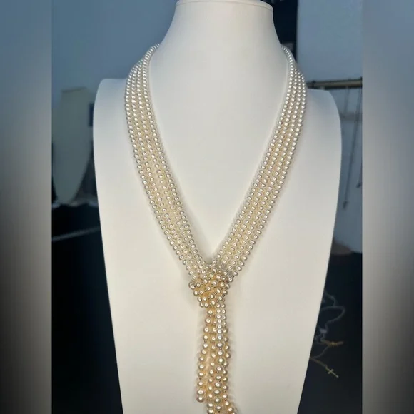 Multi-strand white cultured pearl lariat necklace with silver spacer beads, - Picture 2 of 7